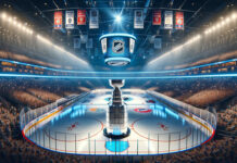 Picture of an NHL arena with the Stanley Cup at center ice.