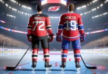 Arber Xhekaj and Dawson Mercer side-by-side, symbolizing potential NHL trade between Montreal Canadiens and New Jersey Devils.