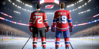 Arber Xhekaj and Dawson Mercer side-by-side, symbolizing potential NHL trade between Montreal Canadiens and New Jersey Devils.