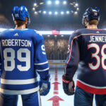 Nick Robertson and Boone Jenner side-by-side comparison in Maple Leafs and Blue Jackets gear, trade rumor analysis