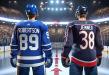 Nick Robertson and Boone Jenner side-by-side comparison in Maple Leafs and Blue Jackets gear, trade rumor analysis
