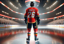 Noah Hanifin in Calgary Flames Jersey Discussing Contract