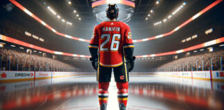 Noah Hanifin in Calgary Flames Jersey Discussing Contract