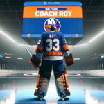 Patrick Roy Takes the Helm: New York Islanders’ Bold Move – NHL News Patrick Roy discussing strategy with New York Islanders players during a practice session