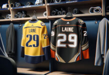 Patrik Laine in action, with potential trade to Nashville Predators or Anaheim Ducks highlighted