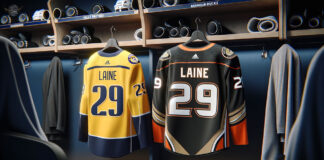 Patrik Laine in action, with potential trade to Nashville Predators or Anaheim Ducks highlighted