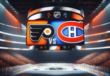Action shot from Philadelphia Flyers vs Montreal Canadiens NHL game highlighting key players