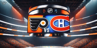 Action shot from Philadelphia Flyers vs Montreal Canadiens NHL game highlighting key players