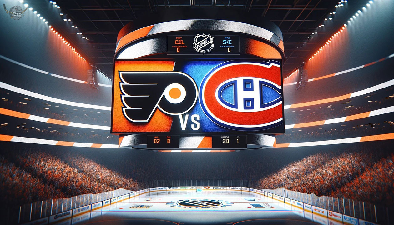 Action shot from Philadelphia Flyers vs Montreal Canadiens NHL game highlighting key players