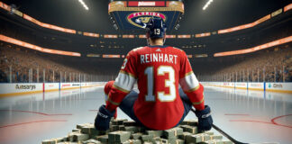 Sam Reinhart in action for the Florida Panthers, showcasing skill and potential for contract extension