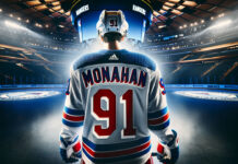 Sean Monahan in NY Rangers jersey, potential trade target for New York Rangers