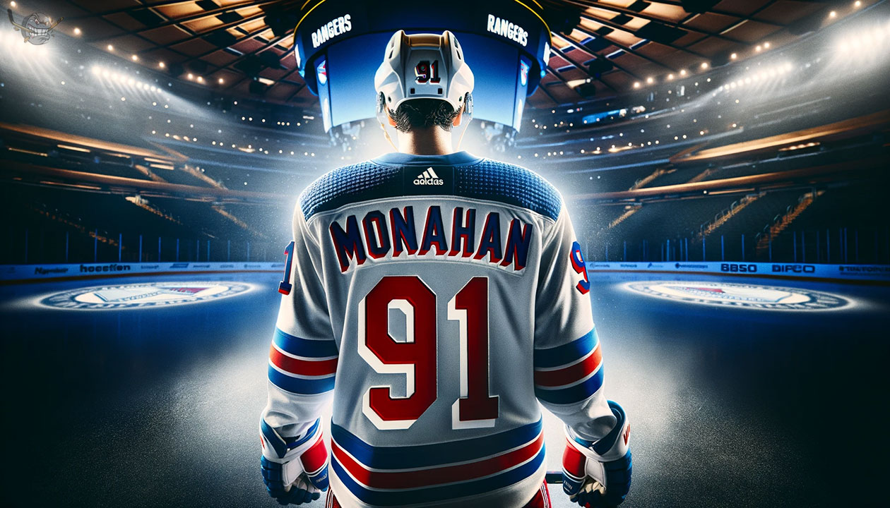 Sean Monahan in NY Rangers jersey, potential trade target for New York Rangers