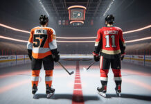 Travis Konecny and Shane Pinto side-by-side with NHL and team logos, symbolizing potential trade talks