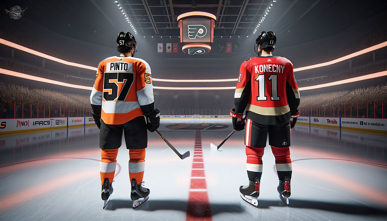 Travis Konecny and Shane Pinto side-by-side with NHL and team logos, symbolizing potential trade talks