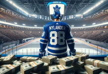 Toronto Maple Leafs forward William Nylander discussing contract extension in team meeting