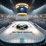 The Buffalo Sabres are at a crossroads as the NHL trade deadline approaches Buffalo Sabres logo on hockey rink with NHL trade deadline text overlay