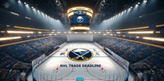 Buffalo Sabres logo on hockey rink with NHL trade deadline text overlay