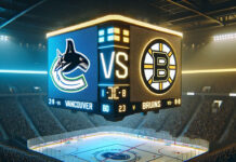 Vancouver Canucks and Boston Bruins players in action during NHL game