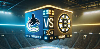 Vancouver Canucks and Boston Bruins players in action during NHL game