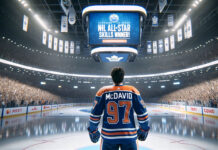 Connor McDavid celebrating his $1 million win at the 2024 NHL All-Star Skills Competition