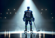 Elias Pettersson wearing a Vancouver Canucks jersey and thinking about NHL trade rumors