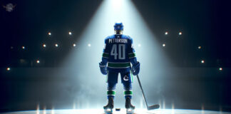 Elias Pettersson wearing a Vancouver Canucks jersey and thinking about NHL trade rumors