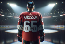 Erik Karlsson in Ottawa Senators jersey skating with puck