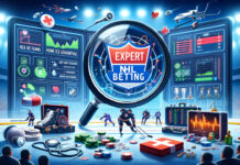 Dynamic visual representation of NHL betting strategies, featuring team analysis, home ice advantage, injury updates, statistical charts, and live betting screen, emphasizing strategic gambling success.