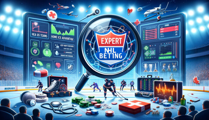Dynamic visual representation of NHL betting strategies, featuring team analysis, home ice advantage, injury updates, statistical charts, and live betting screen, emphasizing strategic gambling success.