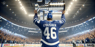 Toronto Maple Leafs Ilya Lyubushkin in blue and white jersey