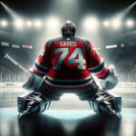 Juuse Saros in New Jersey Devils gear with New Jersey Devils logos in the background, symbolizing trade rumors