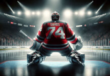 Juuse Saros in New Jersey Devils gear with New Jersey Devils logos in the background, symbolizing trade rumors
