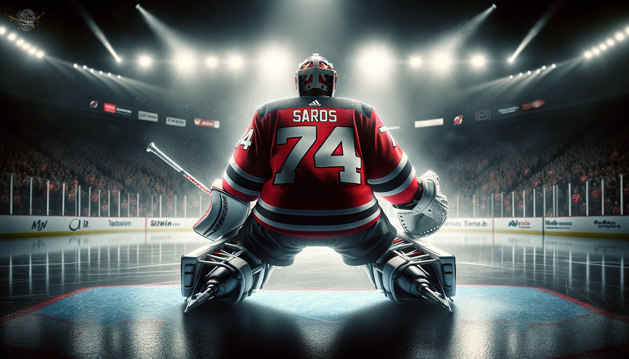 Juuse Saros in New Jersey Devils gear with New Jersey Devils logos in the background, symbolizing trade rumors