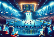 "Vibrant hockey arena filled with excited fans during an NHL post-season game, foreground showing a large screen with betting odds and statistics, capturing the intense playoff atmosphere and the strategic aspect of sports betting.