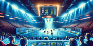 "Vibrant hockey arena filled with excited fans during an NHL post-season game, foreground showing a large screen with betting odds and statistics, capturing the intense playoff atmosphere and the strategic aspect of sports betting.