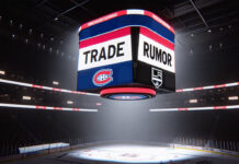 LA Kings and Montreal Canadiens logos with NHL trade rumor headline, showcasing potential player and draft pick exchange