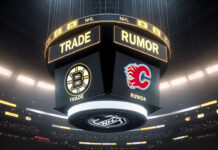 NHL trade rumor graphic - Noah Hanifin in a Boston Bruins jersey