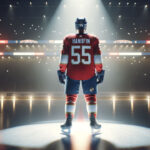 Florida Panthers Eyeing Noah Hanifin Trade: Sunshine State or Bust? Noah Hanifin in Calgary Flames jersey skating on ice, puck on his stick. Florida Panthers logo in background.