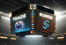 Edmonton Oilers and Seattle Kraken logos side-by-side on a hockey scoreboard, suggesting a trade.