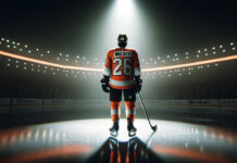 ean Walker, Philadelphia Flyers defenseman, facing off against an opponent.