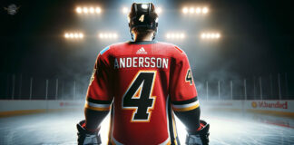 Rasmus Andersson in Calgary Flames jersey looking determined on the ice