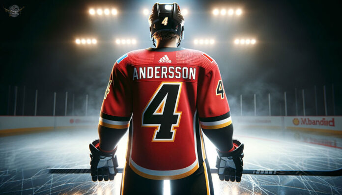 Rasmus Andersson in Calgary Flames jersey looking determined on the ice