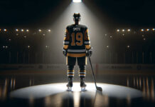 Reilly Smith Penguins jersey facing off in playoff game