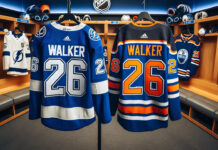 Sean Walker in action, with potential trade interest from Tampa Bay Lightning and Edmonton Oilers highlighted