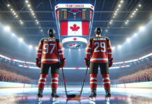 Team Canada hockey players in action, showcasing potential 2026 Winter Olympics roster