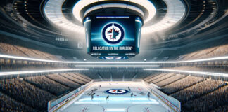Crowd at a Winnipeg Jets game with empty seats visible