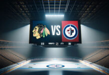 Winnipeg Jets skater celebrates goal against Chicago Blackhawks