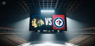 Winnipeg Jets skater celebrates goal against Chicago Blackhawks