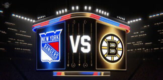 New York Rangers and Boston Bruins logos facing off on the ice
