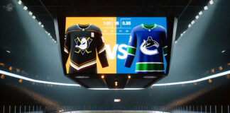 Anaheim Ducks and Vancouver Canucks hockey teams face off on the ice